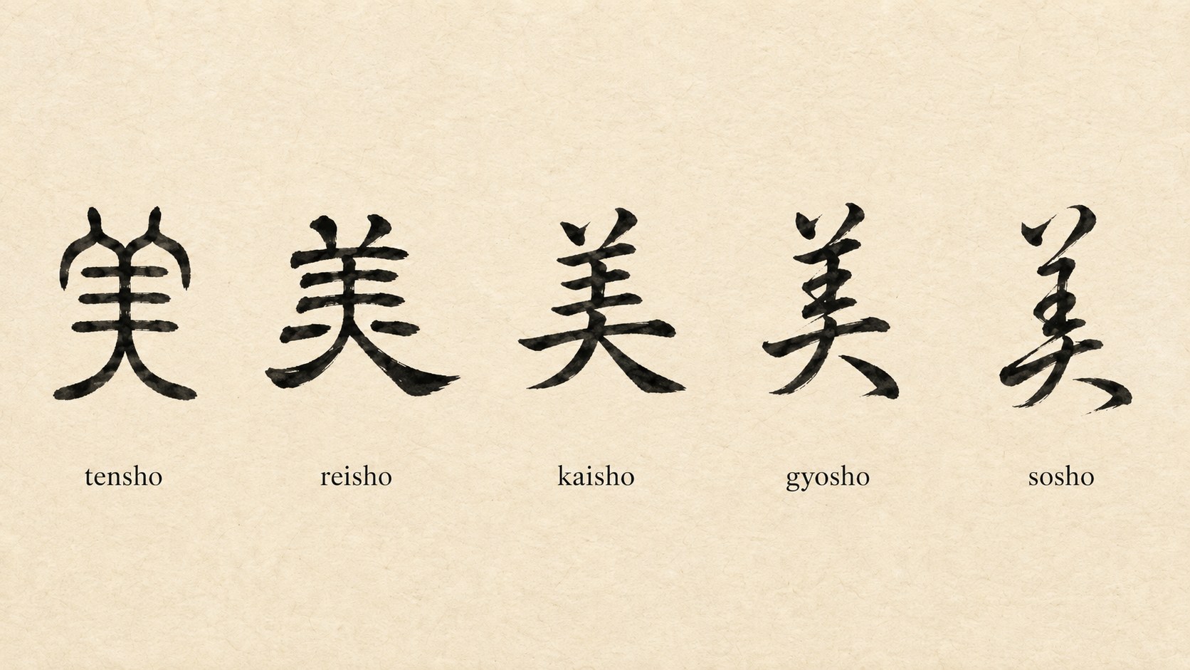 The kanji 美 ("beauty") written in five classical Japanese calligraphy styles: tensho, reisho, kaisho, gyōsho, and sōsho, the stacked horizontals loosening into a single flowing cursive gesture.
