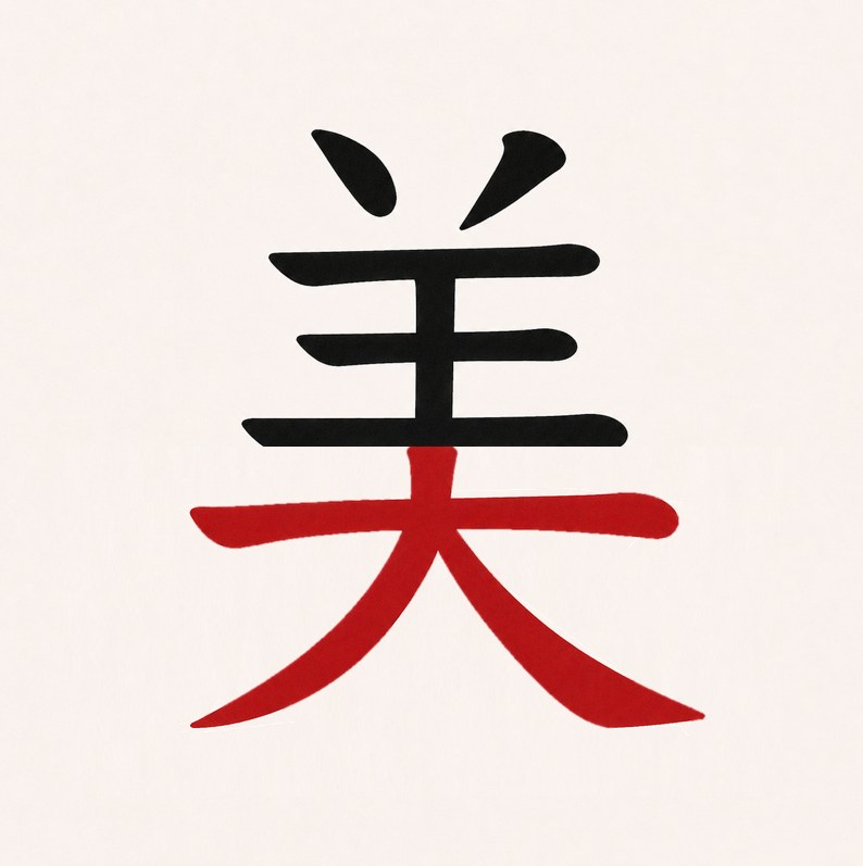 The kanji 美 shown as two color-coded building blocks: the 羊 "sheep" element on top in black sumi ink, and the 大 "big" element beneath it in vermillion, making the character's two-part structure clear.