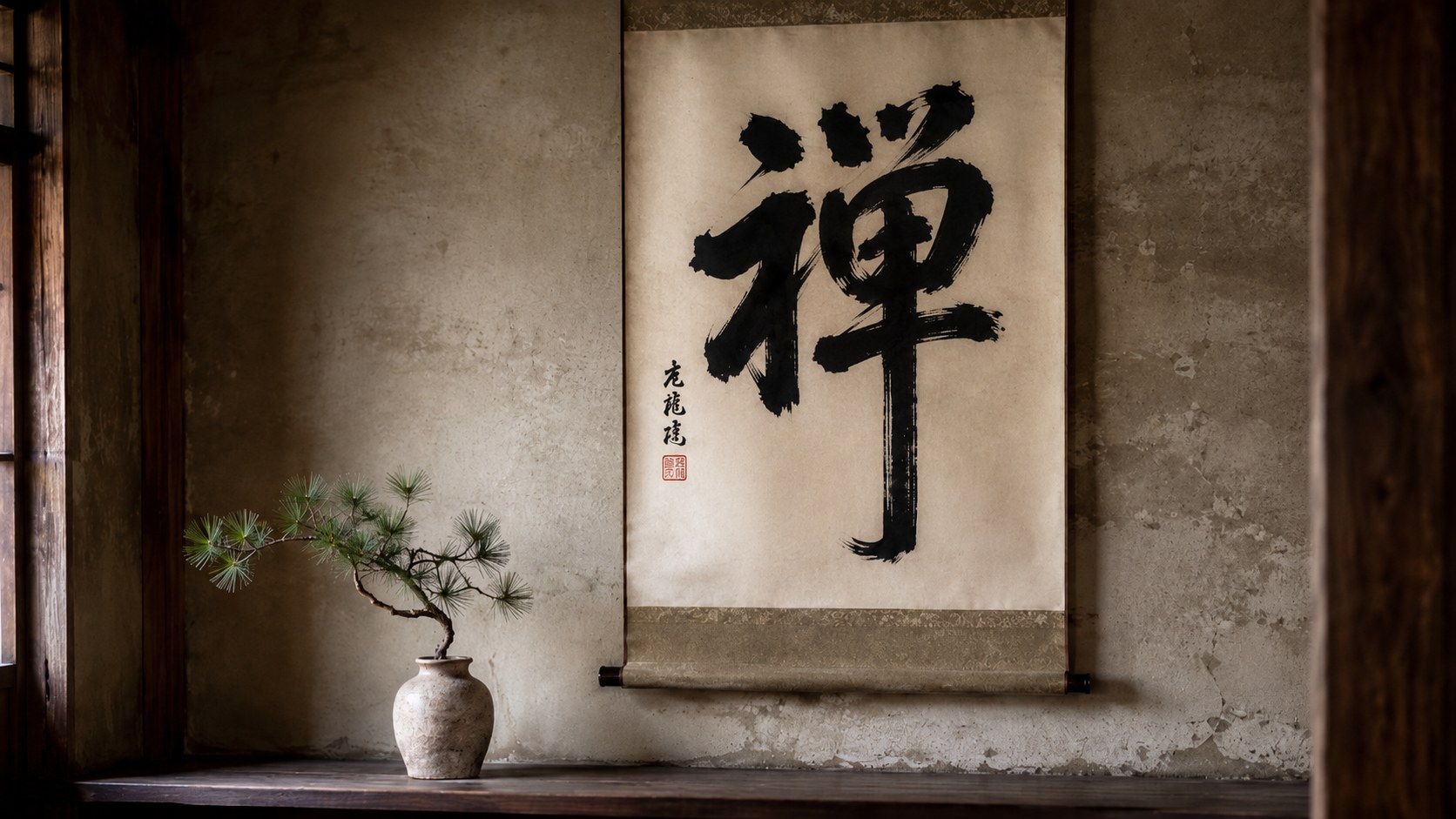 A hanging Zen calligraphy scroll bearing a single bold cursive kanji in deep black bokuseki ink, displayed in a tokonoma alcove with an unglazed ceramic vase and a single seasonal branch beneath it.