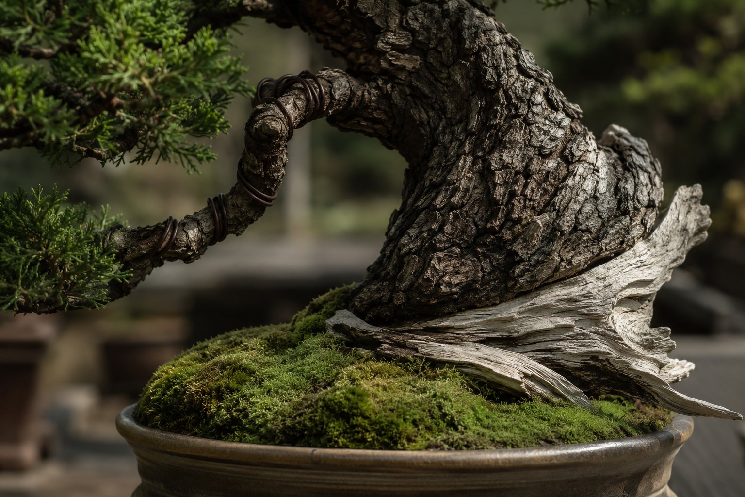 An old bonsai pine in a shallow ceramic tray: gnarled, deeply fissured bark, a wired branch in training, and a section of pale deadwood, every year of its long life visible in its body.