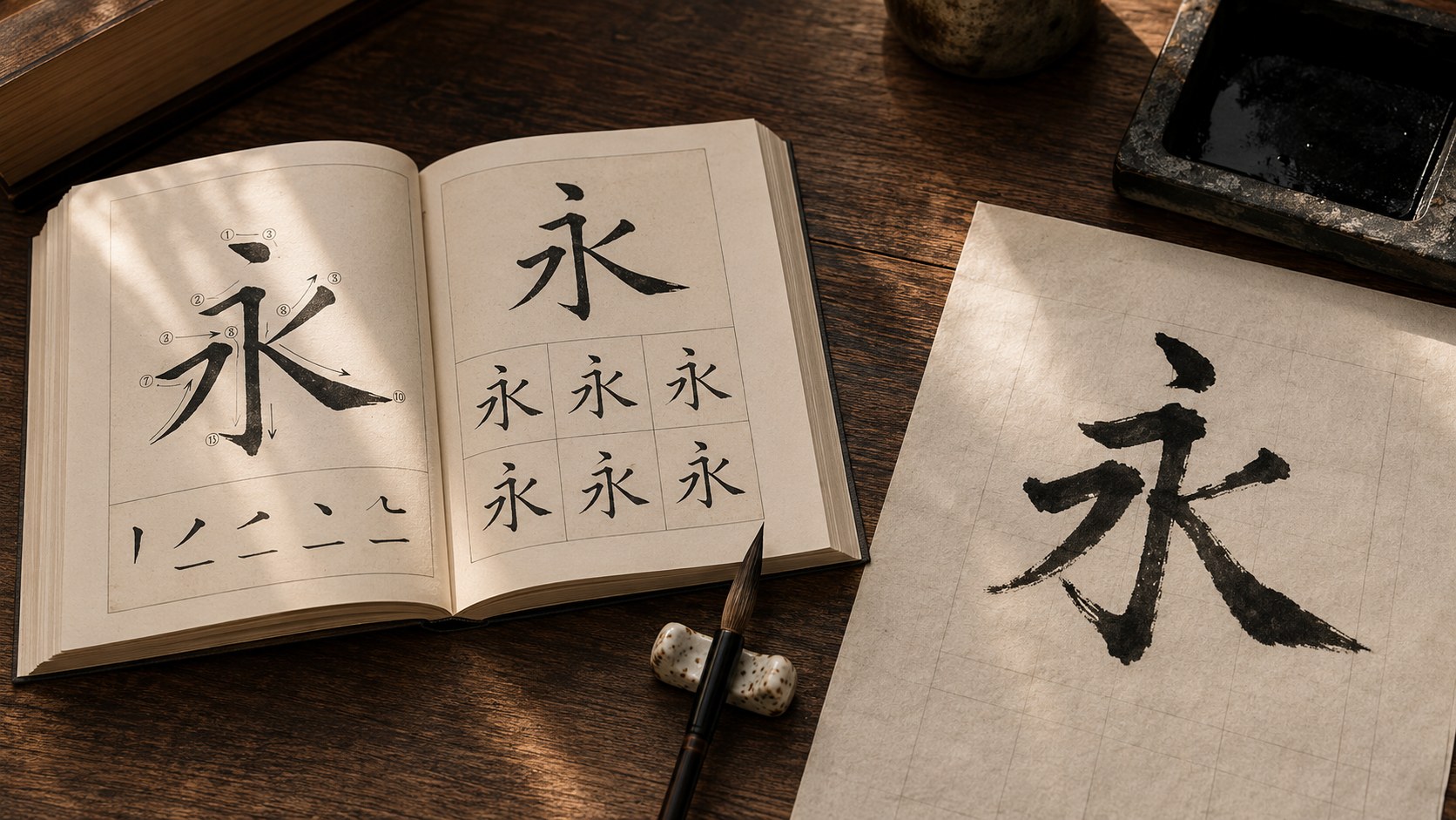 An open Japanese calligraphy book lying flat on a wooden desk, showing a two-page spread with stroke-order diagrams and brushed example characters; beside it, a sheet of practice hanshi with a beginner's freshly attempted kanji next to the book's polished example, and a calligraphy brush on a small ceramic rest.