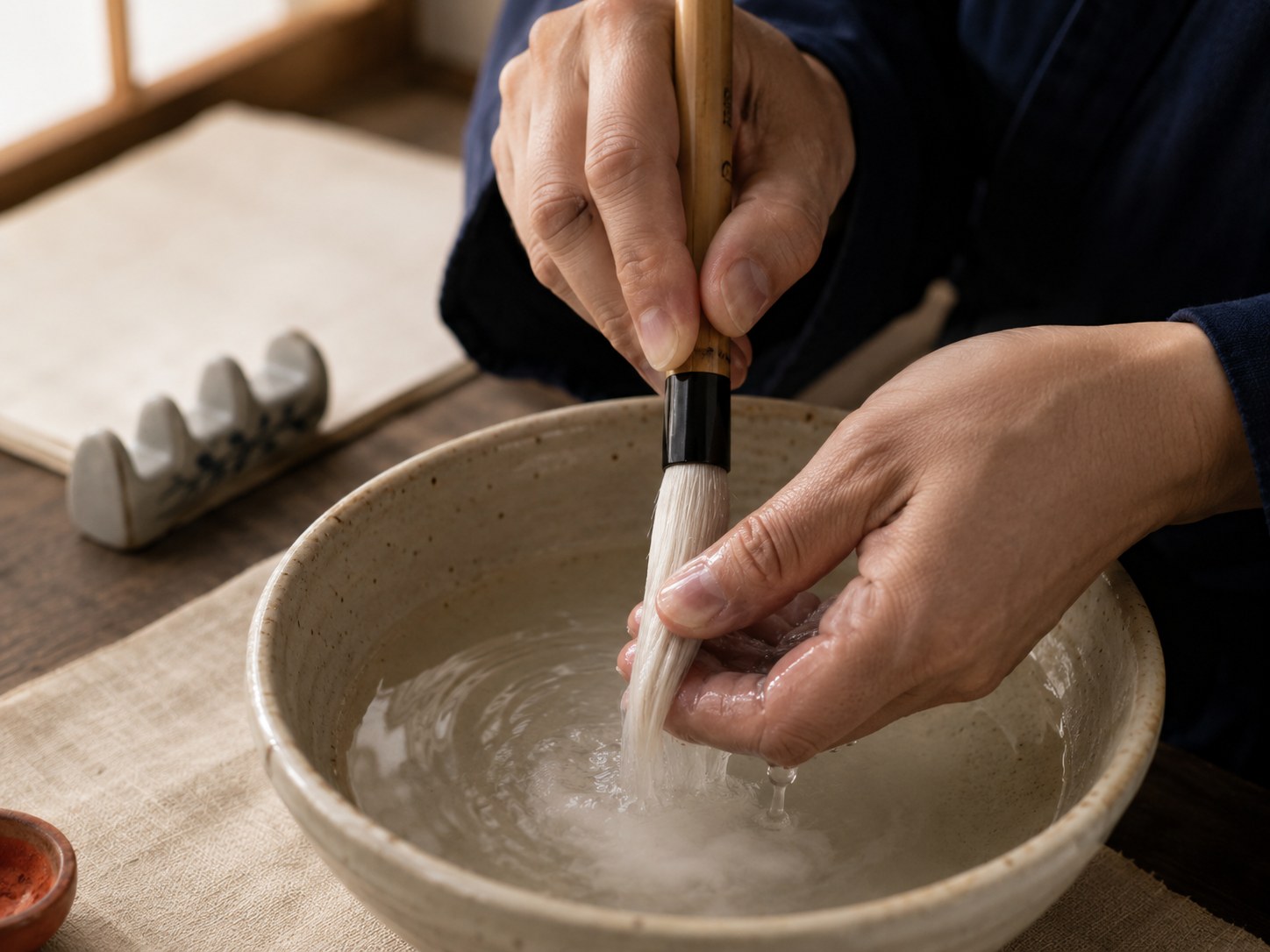 Two hands gently massaging the bristles of a brand-new Japanese calligraphy brush under cool running water in a small ceramic basin, dissolving the protective starch from the brush tip.