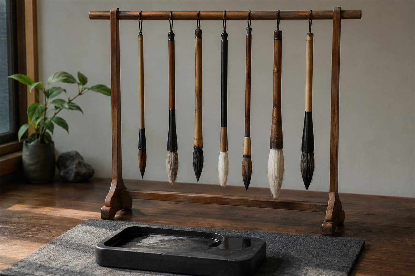 Several Japanese calligraphy brushes of different sizes hanging tip-down in a row from a wooden brush rack (fude-kake) to dry, beside a felt mat and inkstone on a wooden desk.