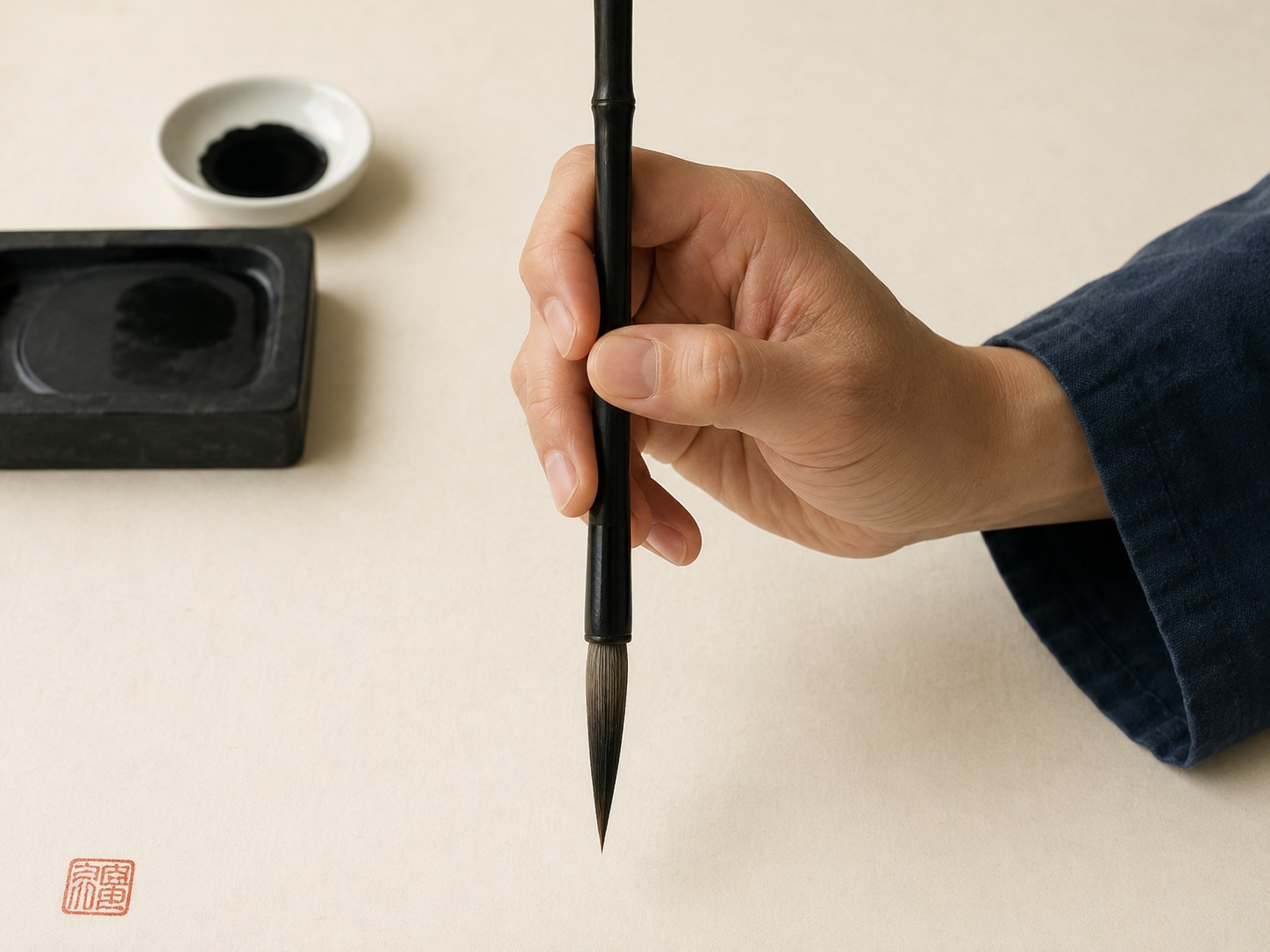 A correct sōkōhō (double-hook) grip on a Japanese calligraphy brush: thumb and index/middle fingers on the front of the shaft, ring finger supporting from behind, little finger free, with a visible hollow space in the palm.