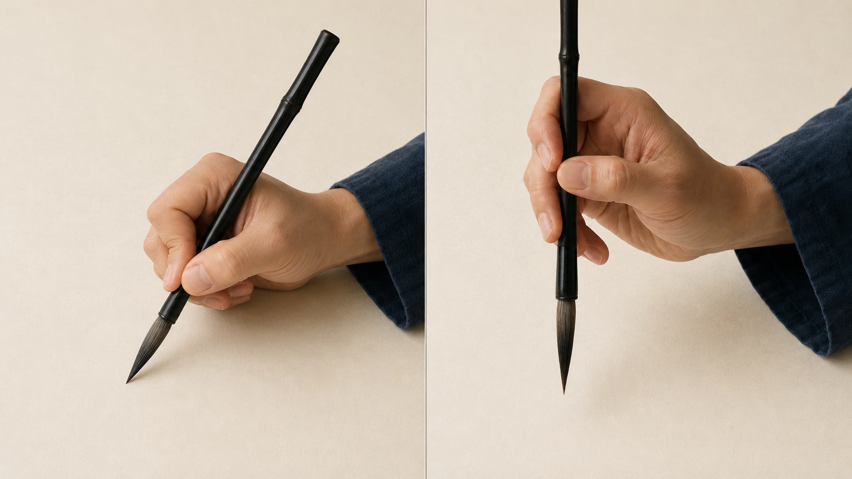 Side-by-side comparison of an incorrect Western pen-style grip on a Japanese calligraphy brush versus the correct vertical sōkōhō grip.
