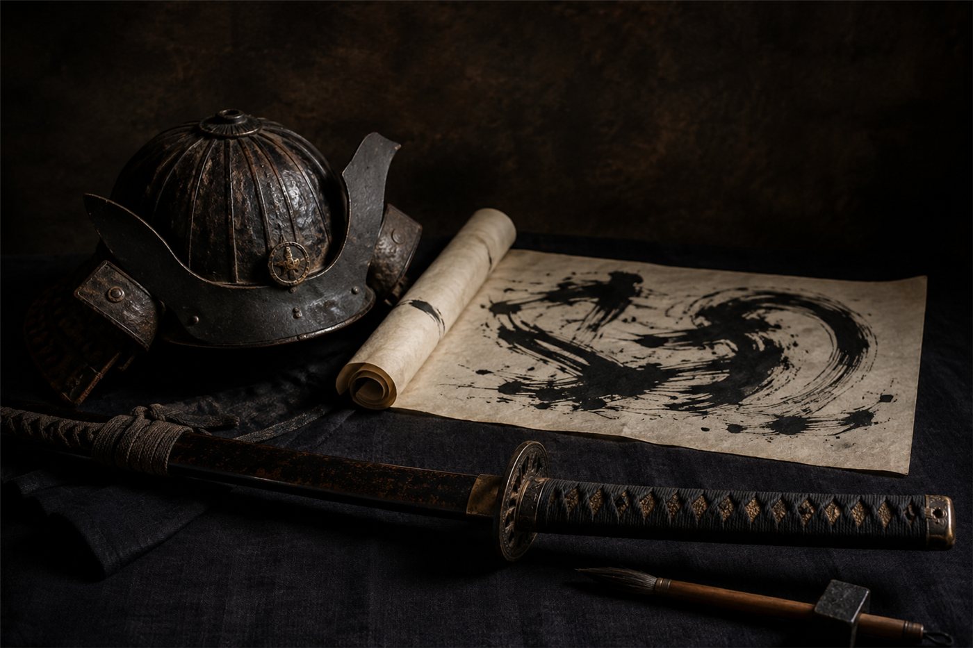 A weathered samurai helmet and a sheathed sword resting on dark cloth in low light, beside an open brush-written scroll — the warrior's two disciplines, martial and literary, side by side.