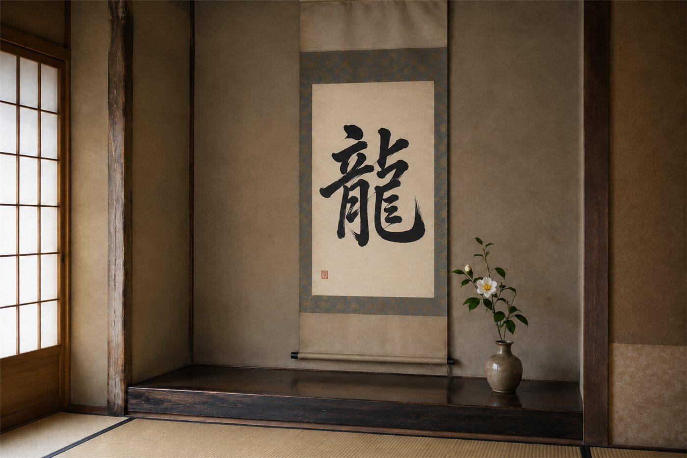 A traditional Japanese hanging scroll (kakejiku) in a tokonoma alcove: bold black calligraphy brushed in vertical columns on cream paper, mounted in bands of muted silk, with a small vermillion seal near the lower-left signature.