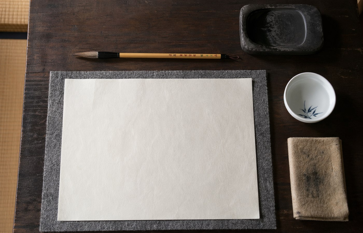 A correctly laid-out calligraphy practice setup — felt mat, hanshi paper, brush, inkstone, and water bowl — on a dark wooden desk
