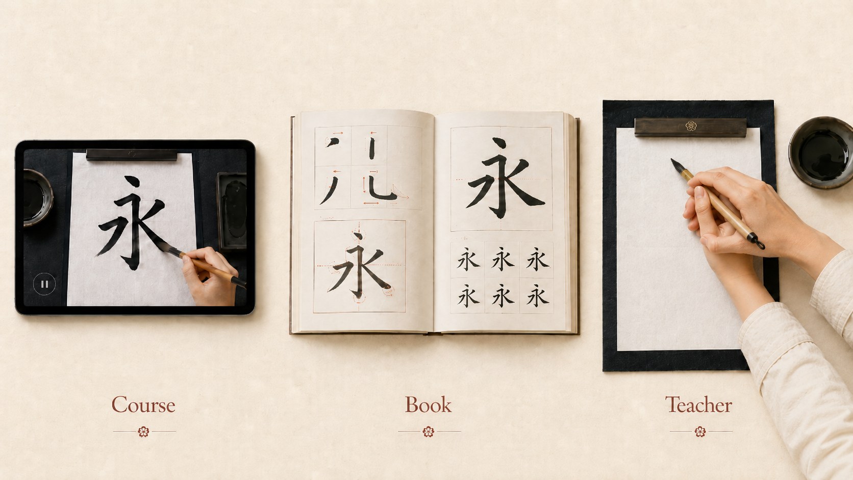 A flat-lay comparing three ways to learn calligraphy: a tablet showing a paused brush-stroke video (Course), an open calligraphy book with diagrams (Book), and a hand guiding another hand holding a brush (Teacher), each labeled.