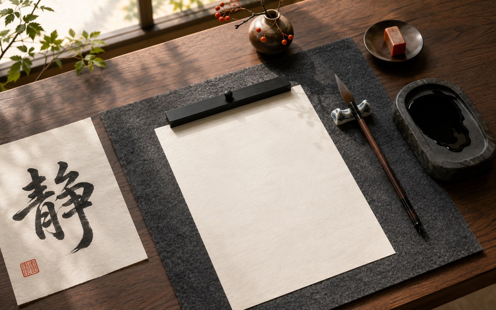 A simple daily Japanese calligraphy practice setup on a wooden table: felt mat, a sheet of hanshi paper held by a paperweight, an inkstone with freshly ground ink, a brush on its rest, and a single character drying — quiet morning light.