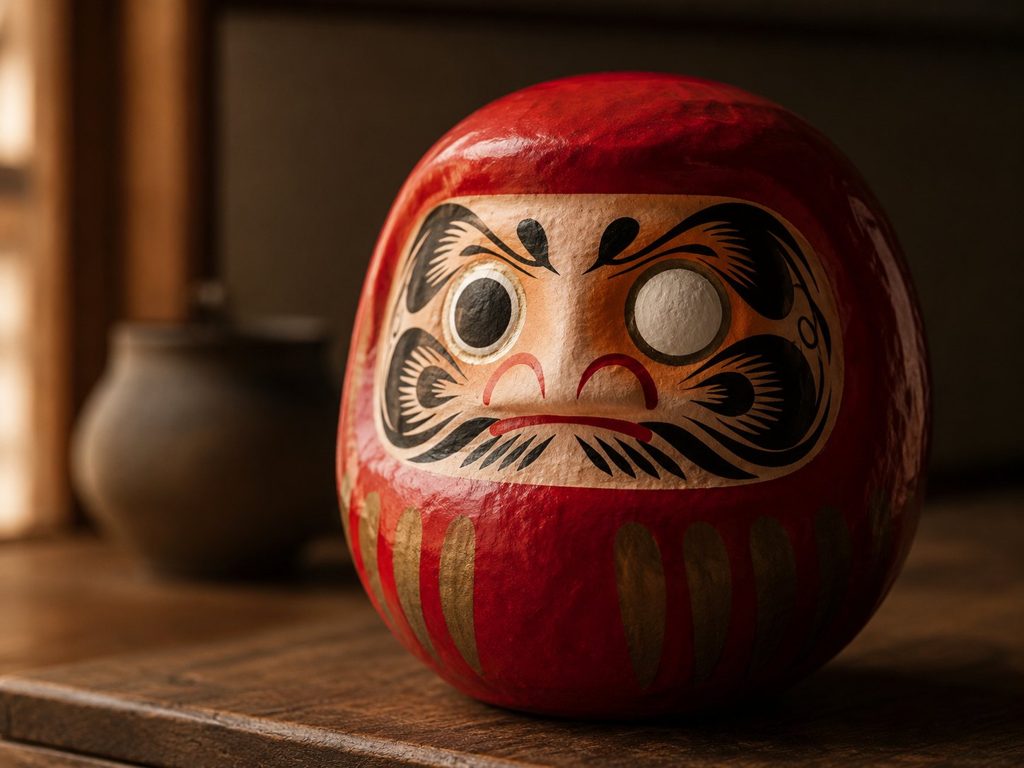 A red Japanese Daruma doll with a fierce face and large eyes, one eye painted in black and the other left blank, sitting on a wooden surface in soft natural light — the goal-setting eye ritual in progress.