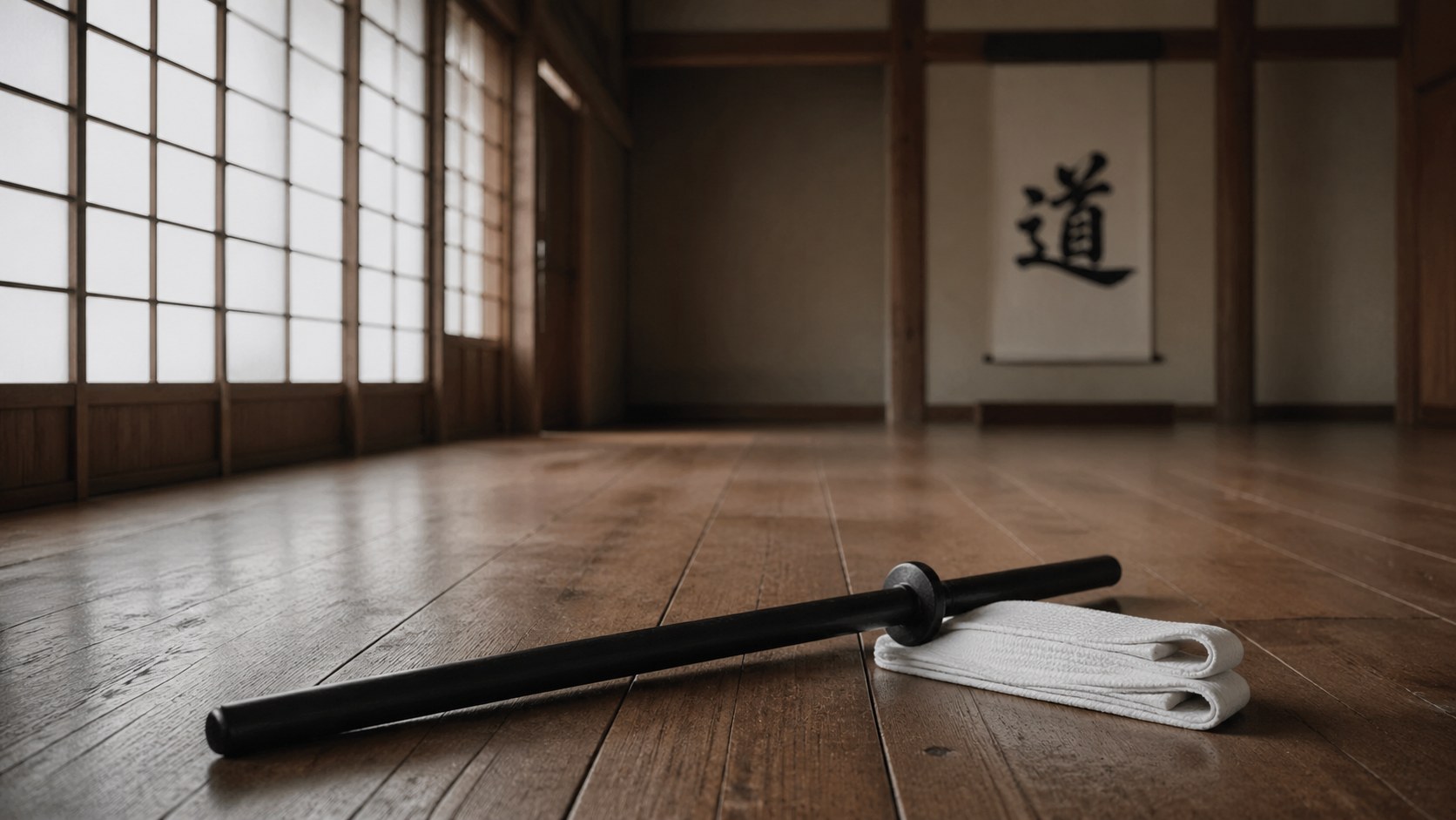 The interior of a traditional Japanese dōjō at early morning, with a wooden bokken and folded practitioner's belt in the foreground and a calligraphy scroll bearing the character 道 on the back wall.