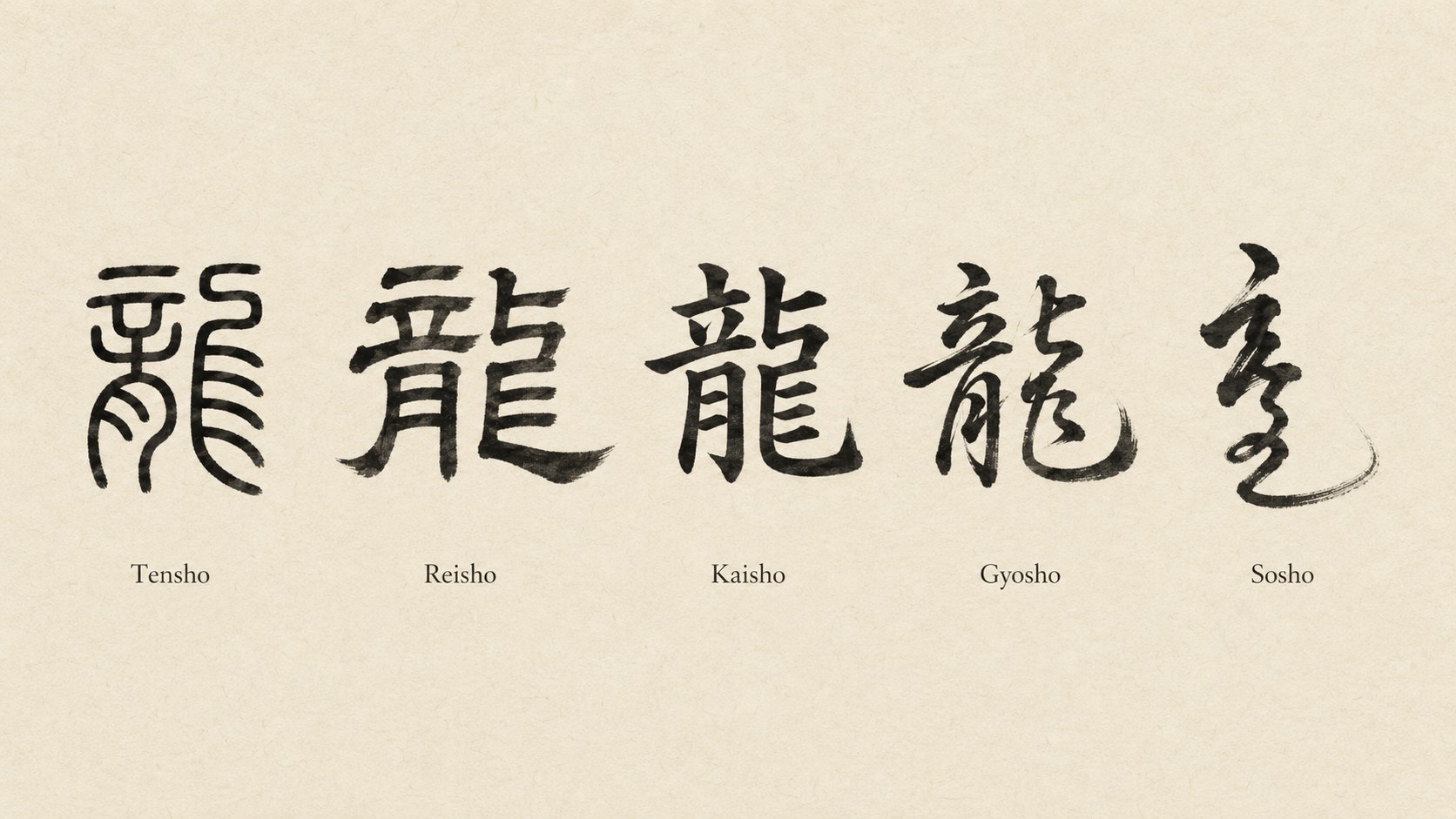 The kanji 龍 written in five classical Japanese calligraphy styles: tensho, reisho, kaisho, gyōsho, and sōsho, showing how the dense block form dissolves into a single coiling cursive gesture.
