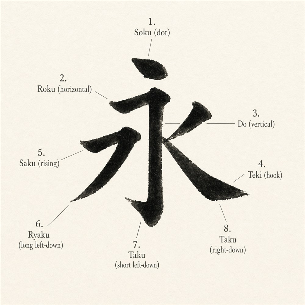 The character 永 (eternity) with its eight constituent strokes labeled and numbered — soku, roku, do, teki, saku, ryaku, and two taku — the foundational diagram of Japanese calligraphy practice