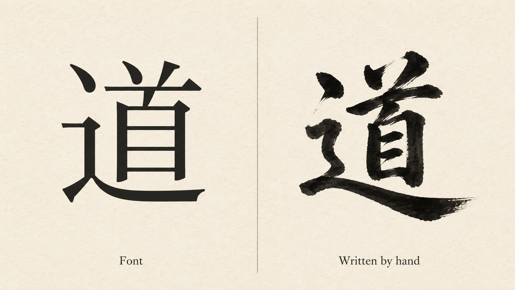 A side-by-side comparison of the same kanji set in a flat mechanical computer font versus hand-written by a calligrapher in sumi ink, showing the lifeless even strokes of the font against the living variation of the brushwork.