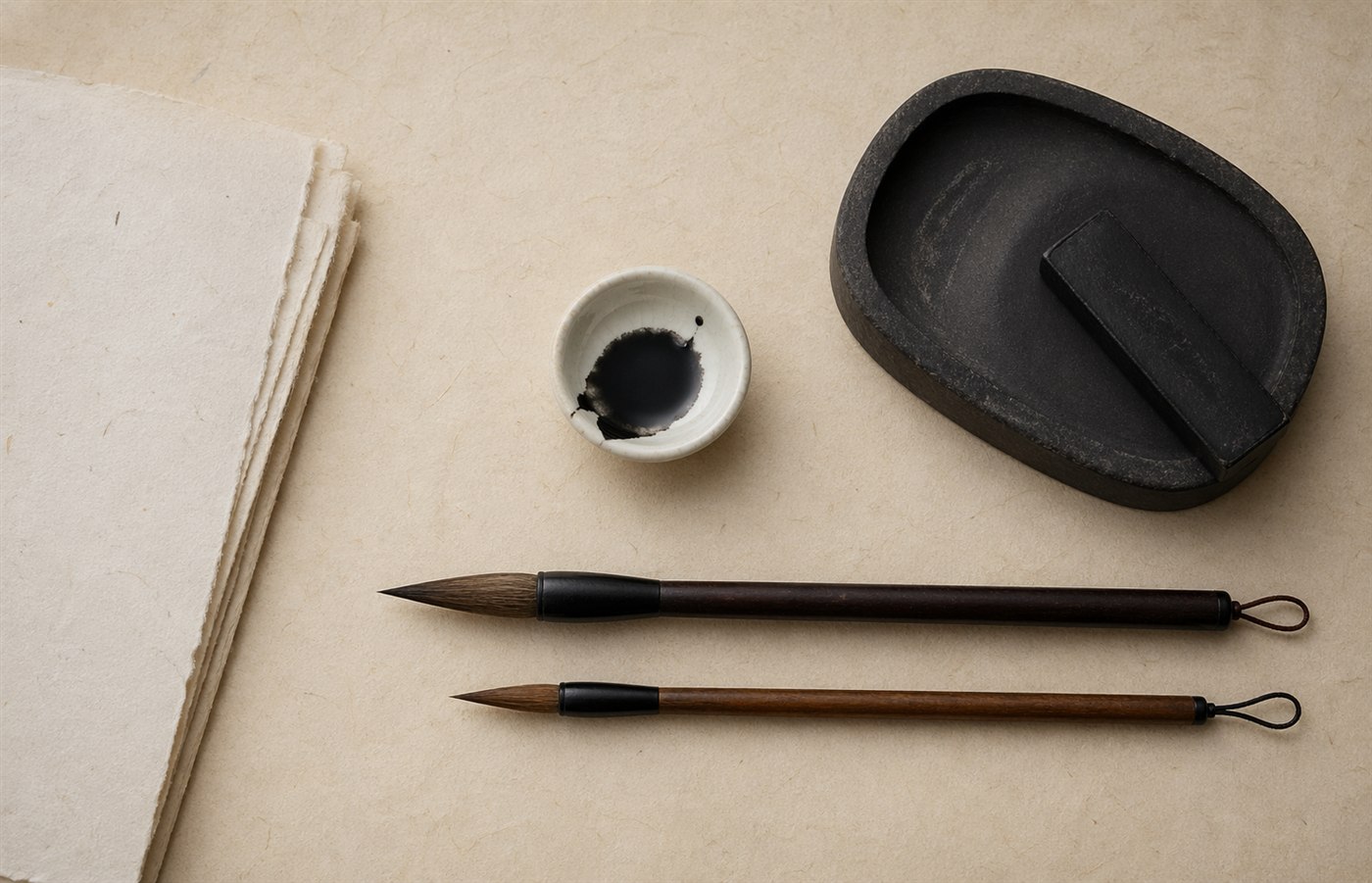 The four treasures of the calligrapher's study — brushes, inkstone, ink dish, and a stack of hanshi paper — arranged on a wooden desk