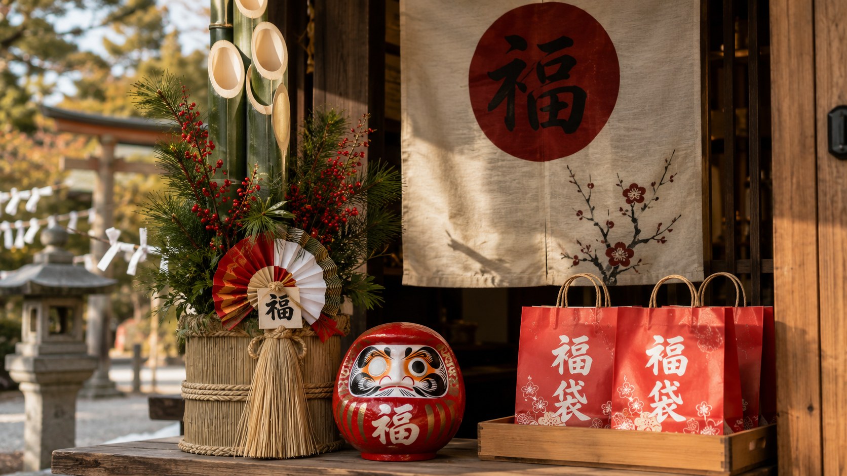 A Japanese New Year scene in soft winter light: a red-and-white New Year decoration, a round red Daruma doll painted with the kanji 福, and a small stack of red lucky bags (福袋) at a shrine or shop entrance.
