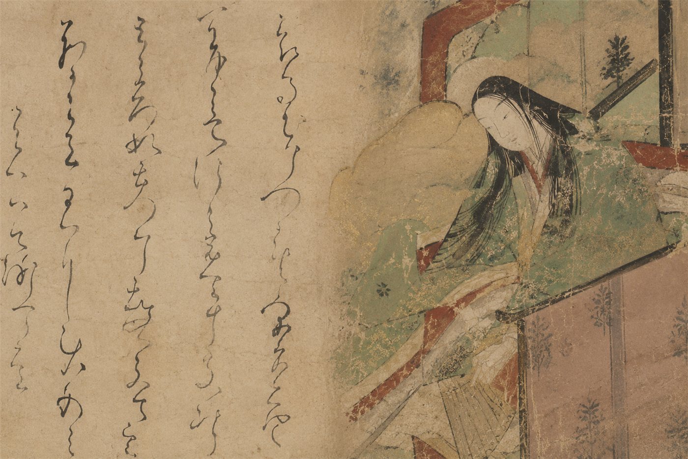 A section of an old Japanese handscroll: flowing cursive kana calligraphy brushed in soft ink down the page beside a faded court painting of a Heian figure in many-layered robes.