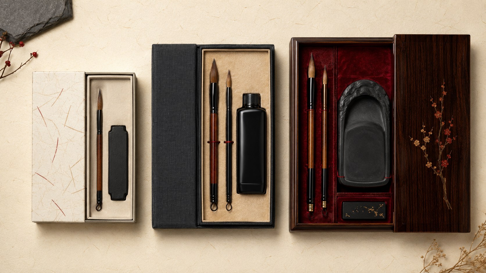 Three Japanese calligraphy gift sets side by side representing three budget tiers: a compact printed-box set, a mid-range fabric-covered box with two brushes, and a premium lacquered wooden box with a stone inkstone.