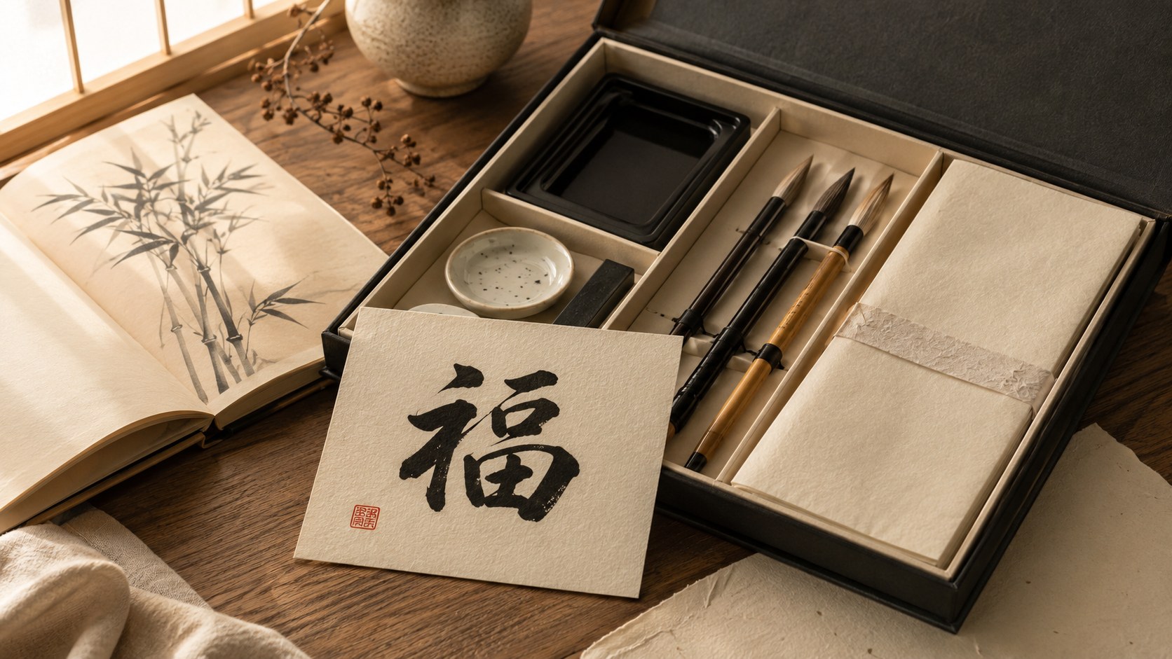 A Japanese calligraphy gift set arranged as a present alongside a beginner's calligraphy book and a card bearing a single brushed kanji in black sumi ink.