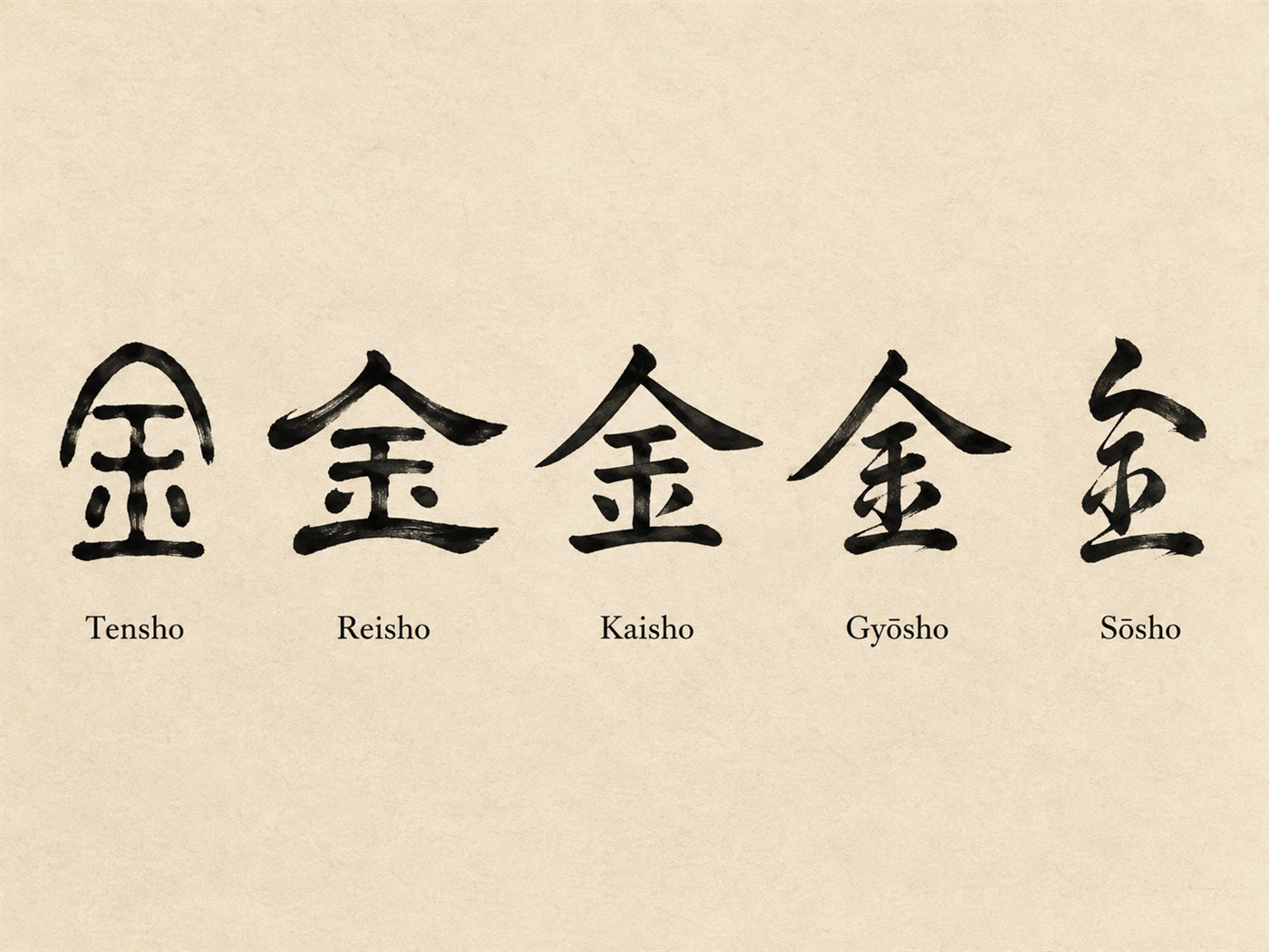 The kanji 金 ("gold") written in five classical Japanese calligraphy styles: tensho, reisho, kaisho, gyōsho, and sōsho.