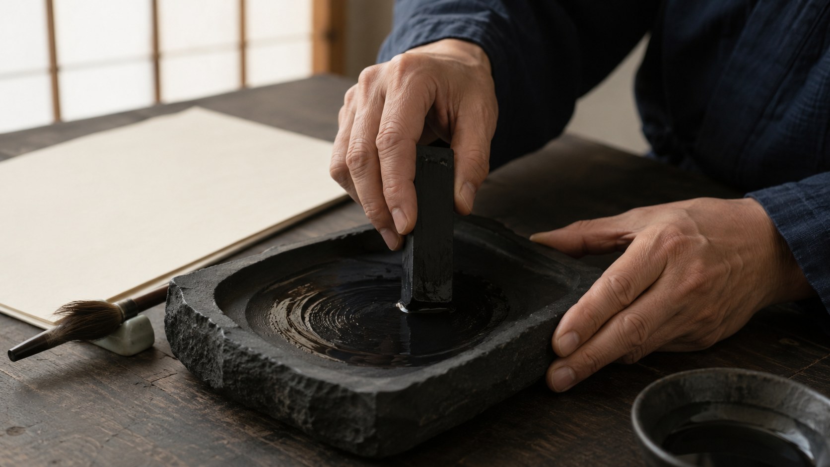 Two hands grinding a black sumi inkstick in slow circles on the flat surface of a dark stone suzuri, the water turning glossy gray-black with fresh ink.