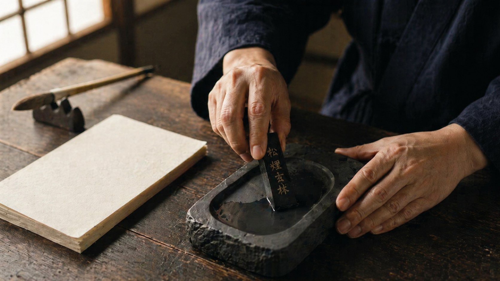 Two hands holding a Japanese sumi inkstick vertically and grinding it slowly on a dark slate inkstone, with the water turning to fresh black ink.