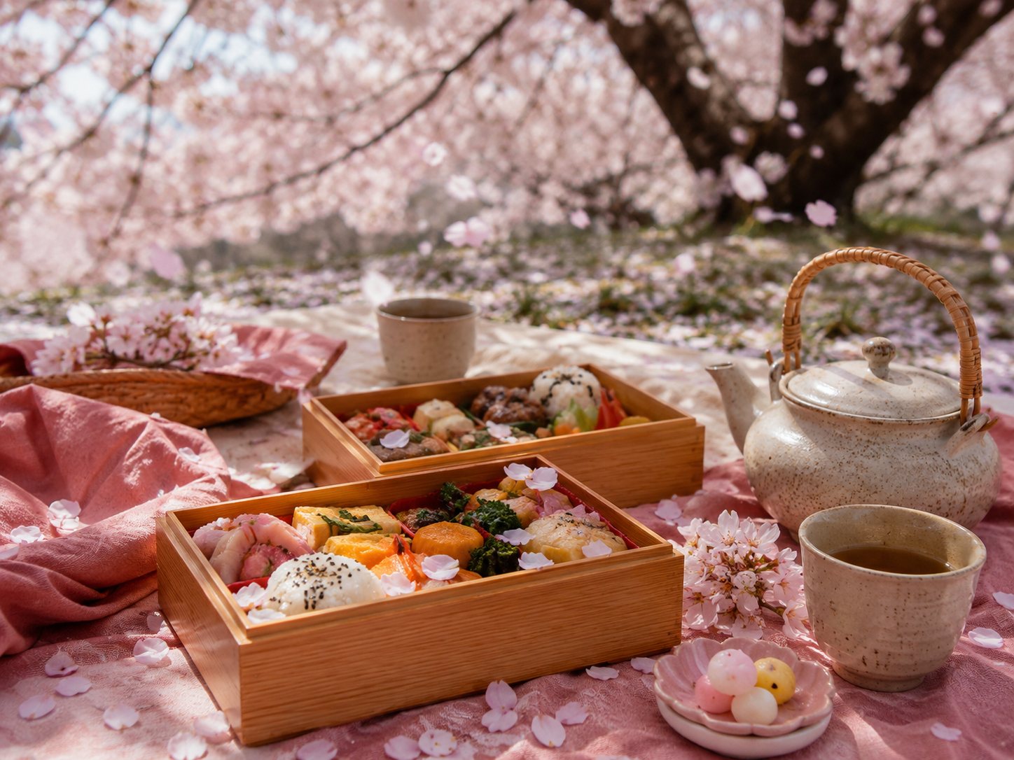 A hanami picnic under cherry trees in full bloom: friends on a mat beneath drifting petals, bento and tea laid out, soft spring light.