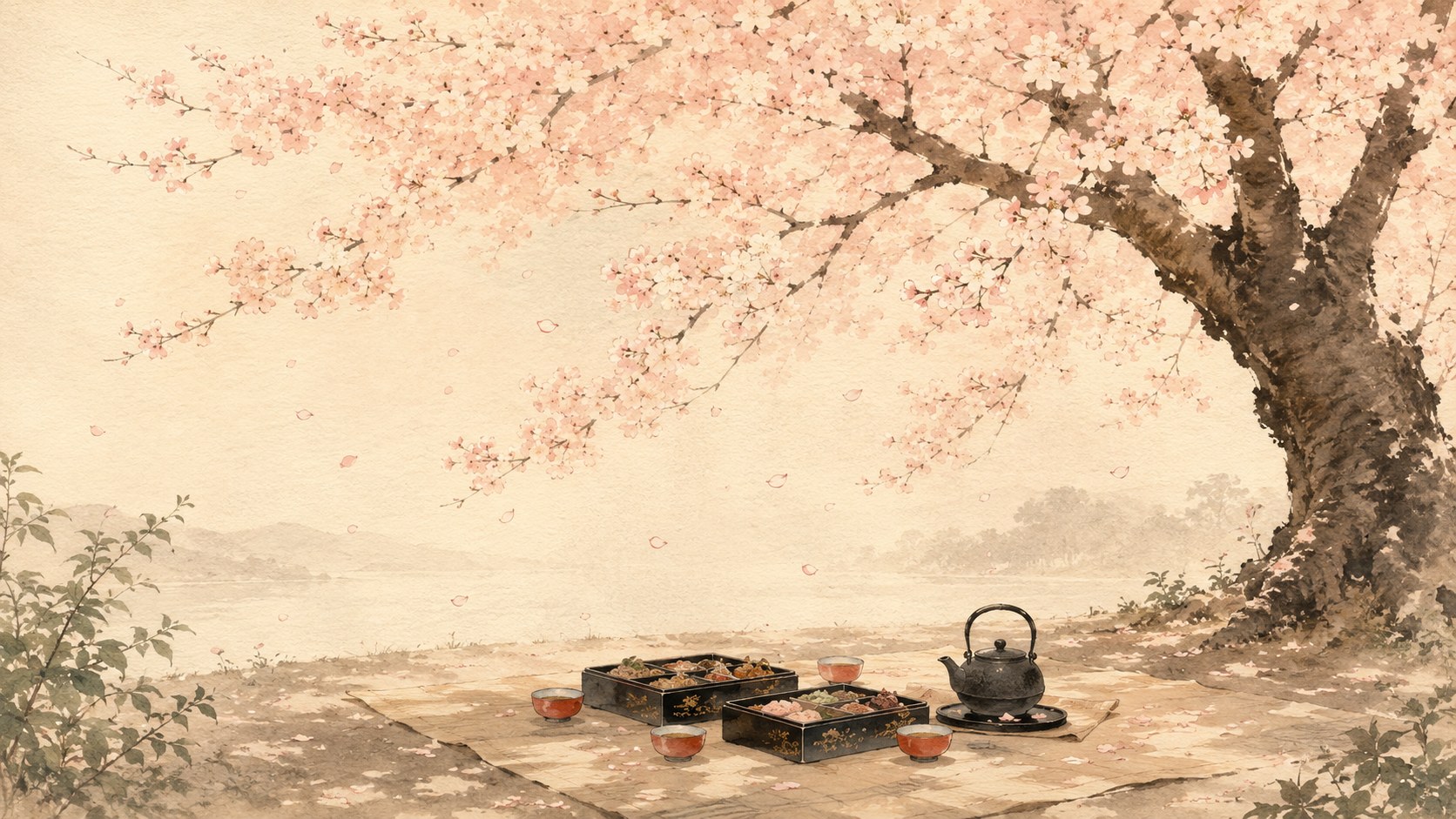 A traditional Japanese hanami scene in soft watercolor: a picnic blanket spread under a fully blooming Somei Yoshino cherry tree with small bento boxes, a teapot, and tea cups arranged on the blanket; pale pink petals falling through the afternoon light.