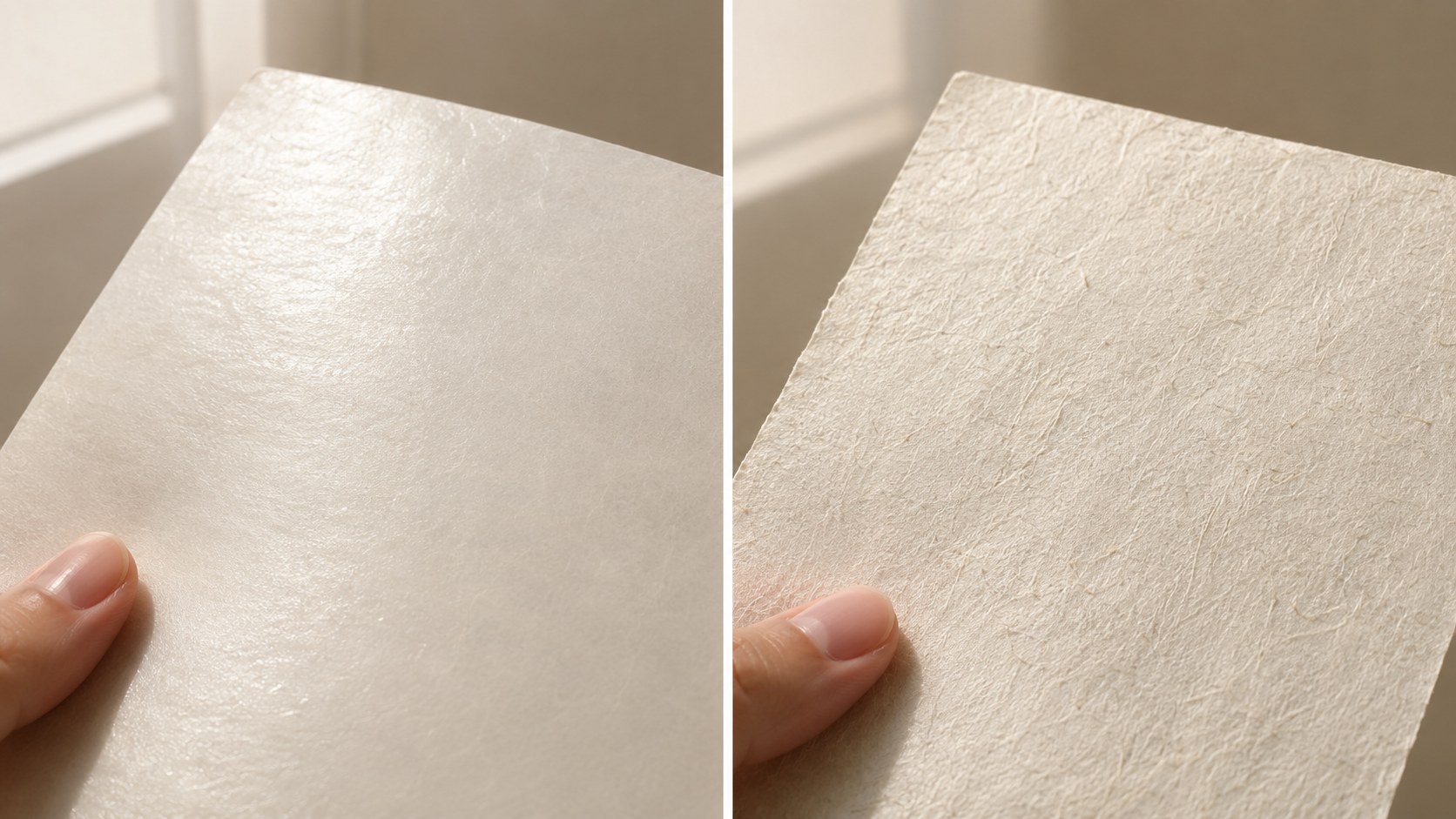 Two sheets of Japanese hanshi paper held at a low angle to window light, showing the difference between the smooth, slightly shinier front side and the rougher, more textured back side.