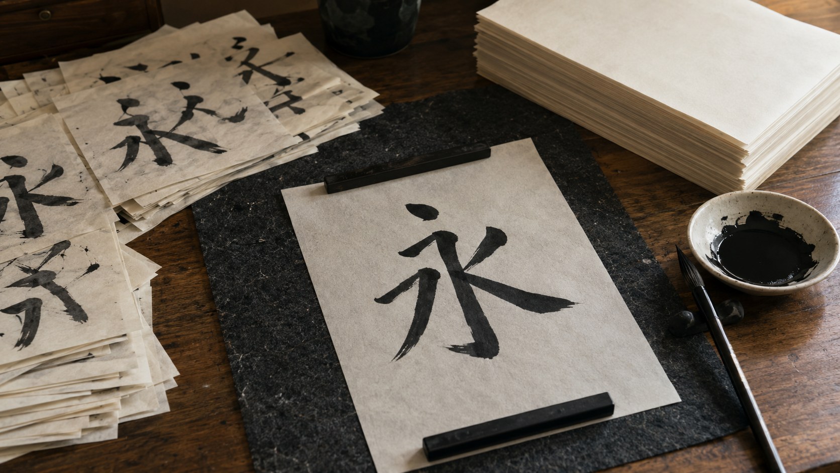 A calligraphy practice session in progress: a sheet of hanshi held down by two black bunchin weights on a felt mat, used practice sheets stacked to one side, and a tall fresh stack of blank hanshi waiting nearby.