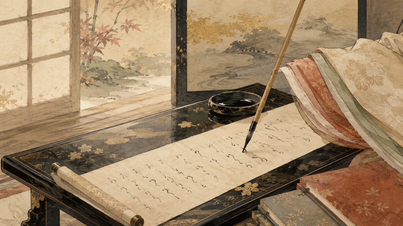 A Heian-period writing scene: a low desk with an unrolled paper scroll showing flowing kana script, a delicate calligraphy brush poised above the paper, an ink dish, and the edge of a court-style silk sleeve at the frame.