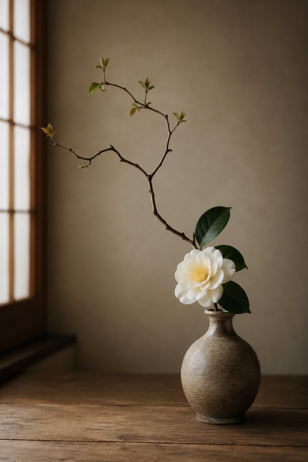 A minimal Japanese ikebana arrangement: a single curving branch, one or two seasonal blossoms, and a green leaf set asymmetrically in a simple ceramic vase, with generous empty space around them — line and space over mass.