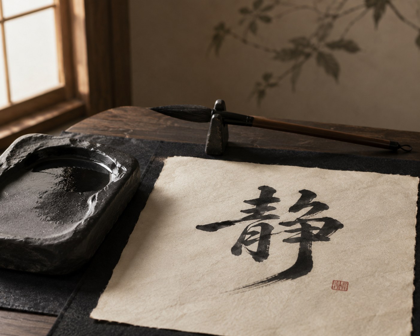 A simple wooden writing desk by a window with an inkstone, a brush resting on its stand, and a half-written sheet of calligraphy — an image of a quiet daily practice done for its own sake.