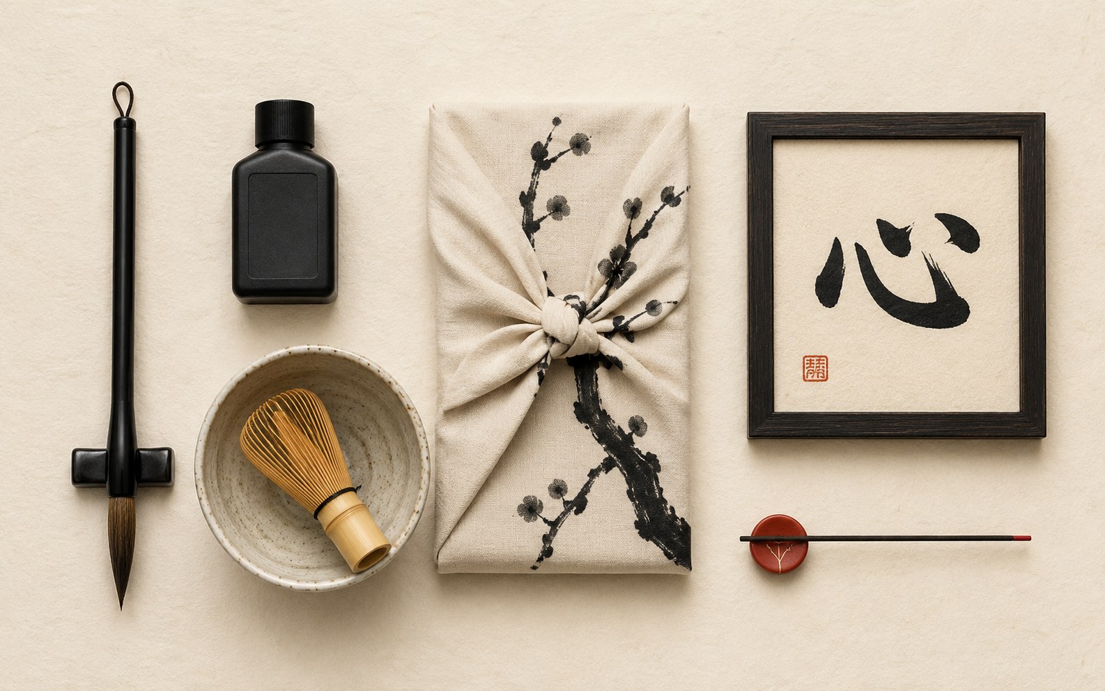 A flat-lay of thoughtful gifts for a Japan lover on cream washi paper: a calligraphy brush and ink, a ceramic tea bowl with a bamboo whisk, a folded furoshiki cloth, a stick of incense, and a single framed kanji.