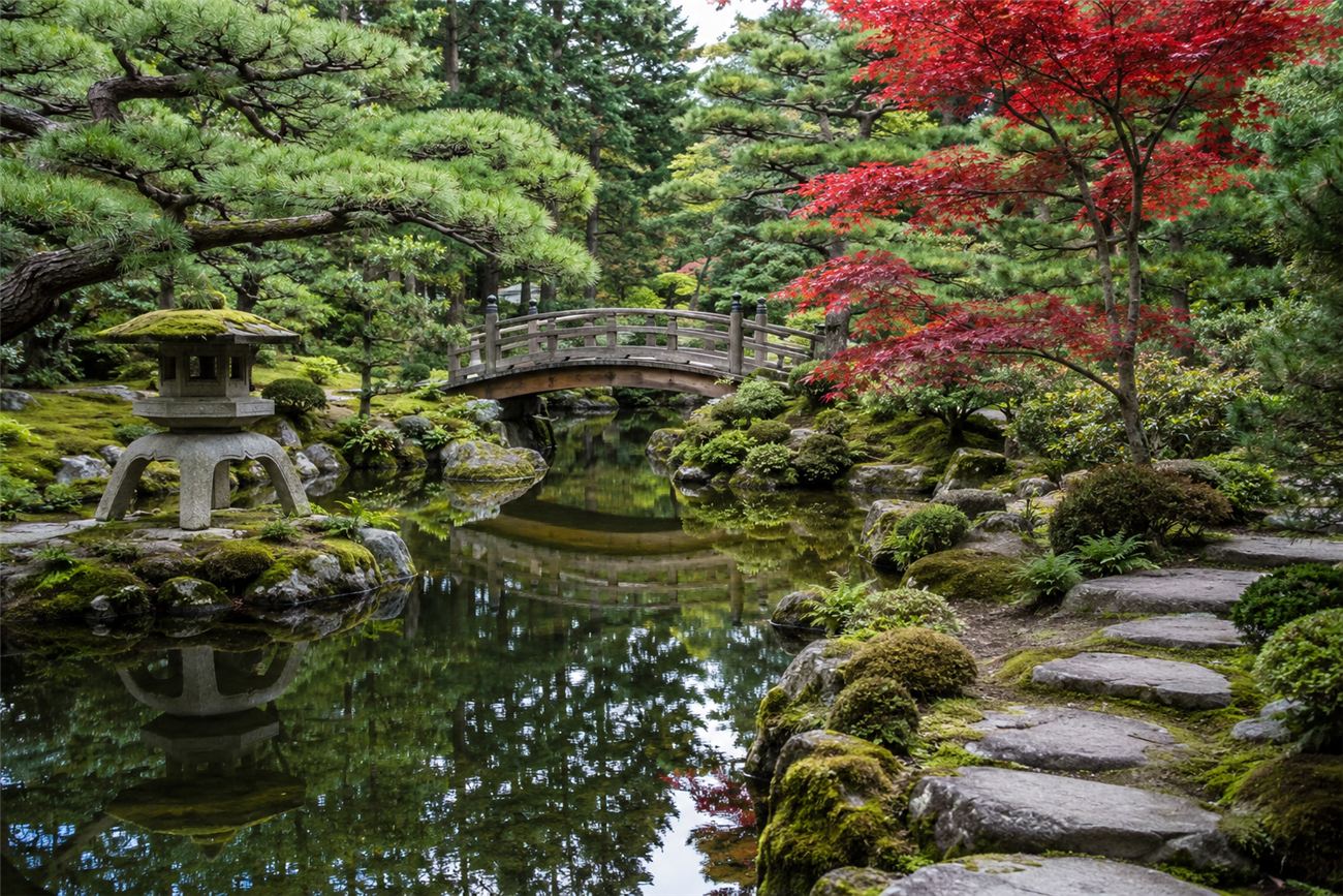 A lush Japanese strolling garden in soft light: a still pond reflecting a stone lantern and an arched bridge, a gnarled pine and a red maple at the water's edge, moss and carefully placed rocks along the path.