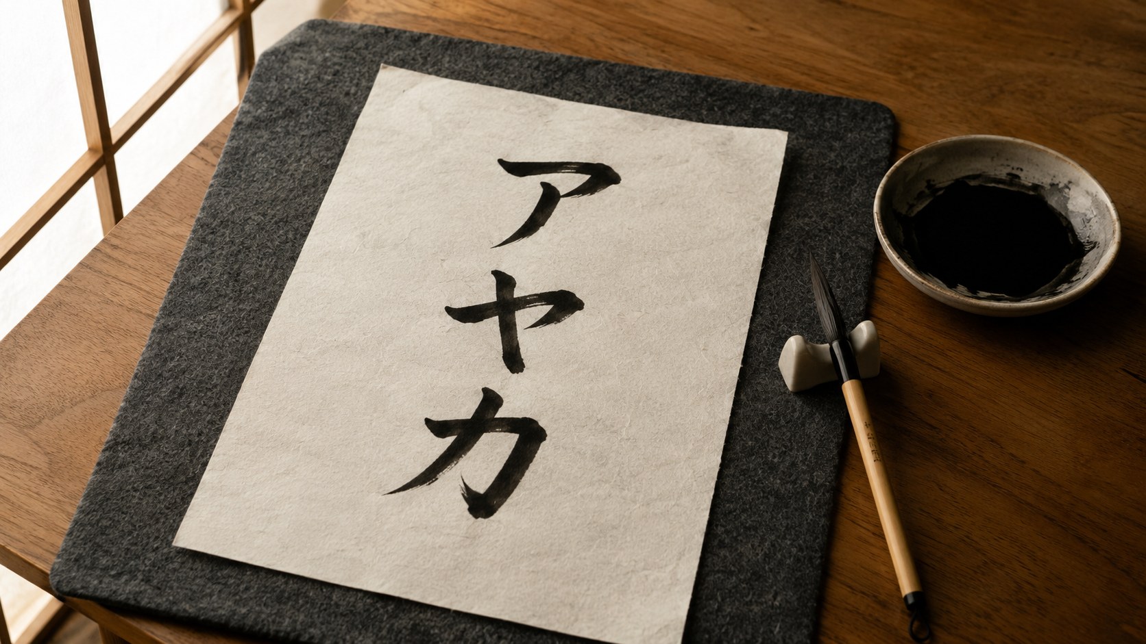 A sheet of hanshi paper on a wooden desk with a Western name freshly brushed in clean vertical katakana in black sumi ink, a calligraphy brush resting beside it.