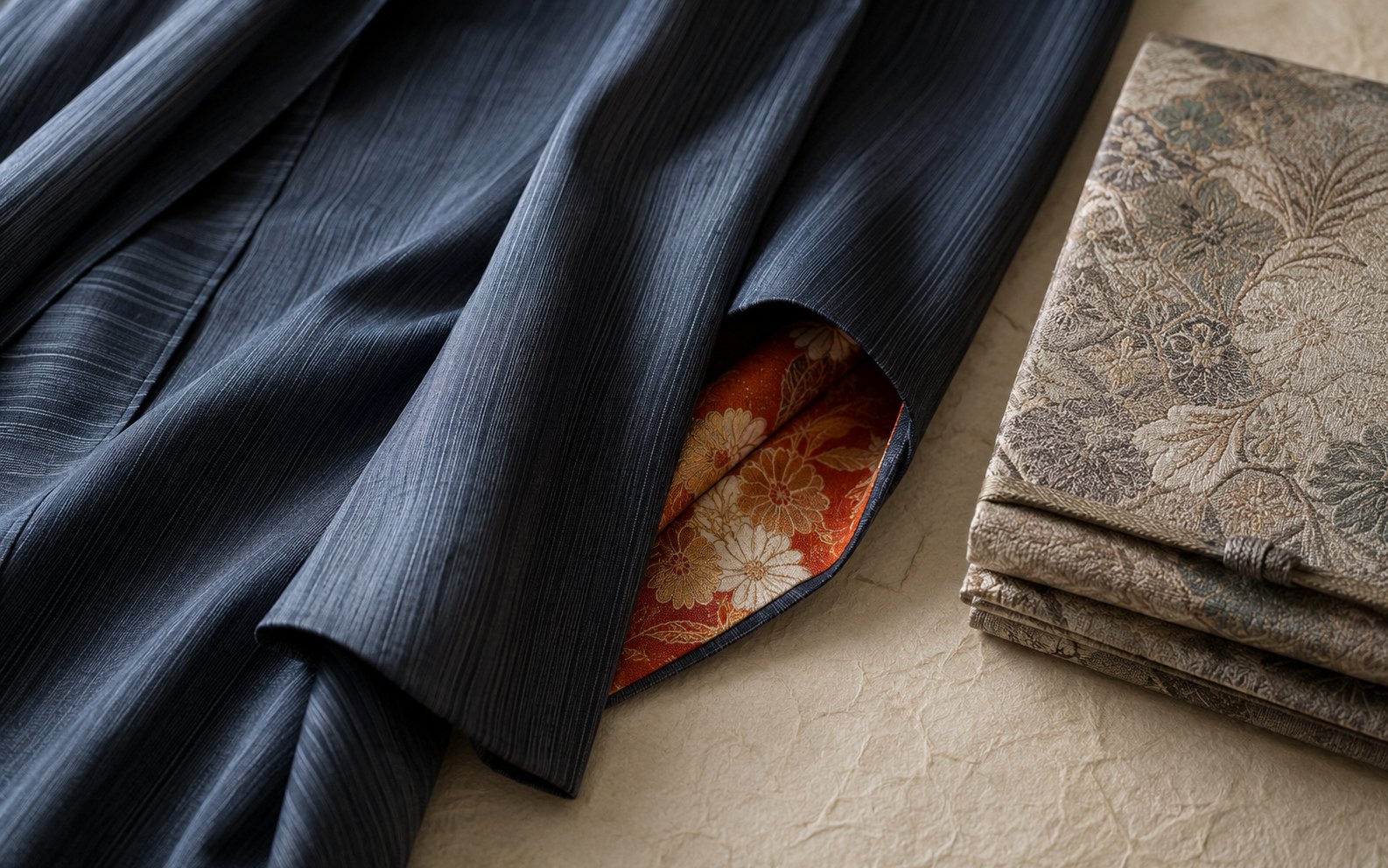 A kimono detail in soft natural light: fine striped silk falling open just enough at the sleeve to reveal a brilliantly colored lining, with a folded obi beside it.
