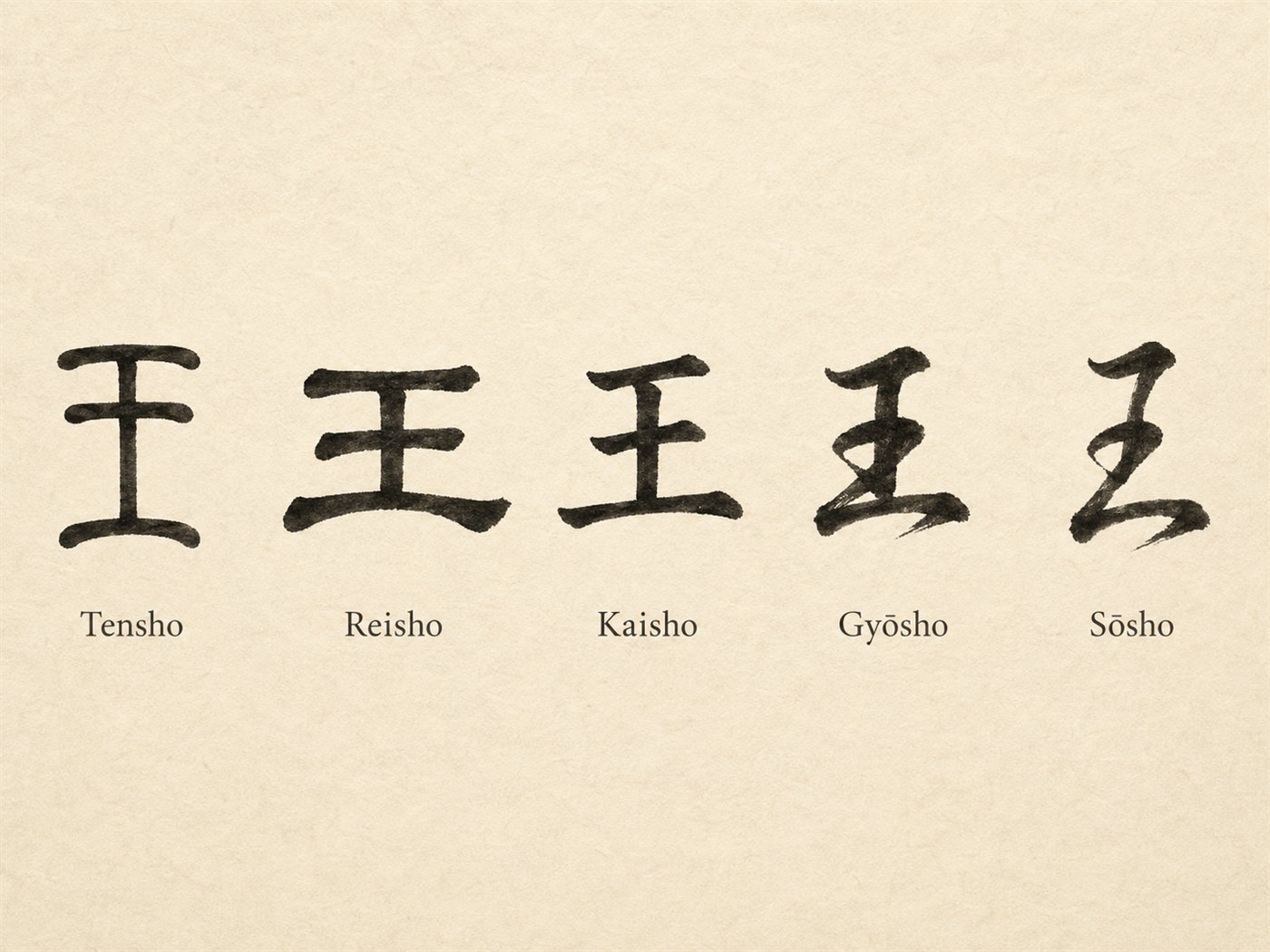 The kanji 王 ("king") written in five classical Japanese calligraphy styles: tensho, reisho, kaisho, gyōsho, and sōsho.