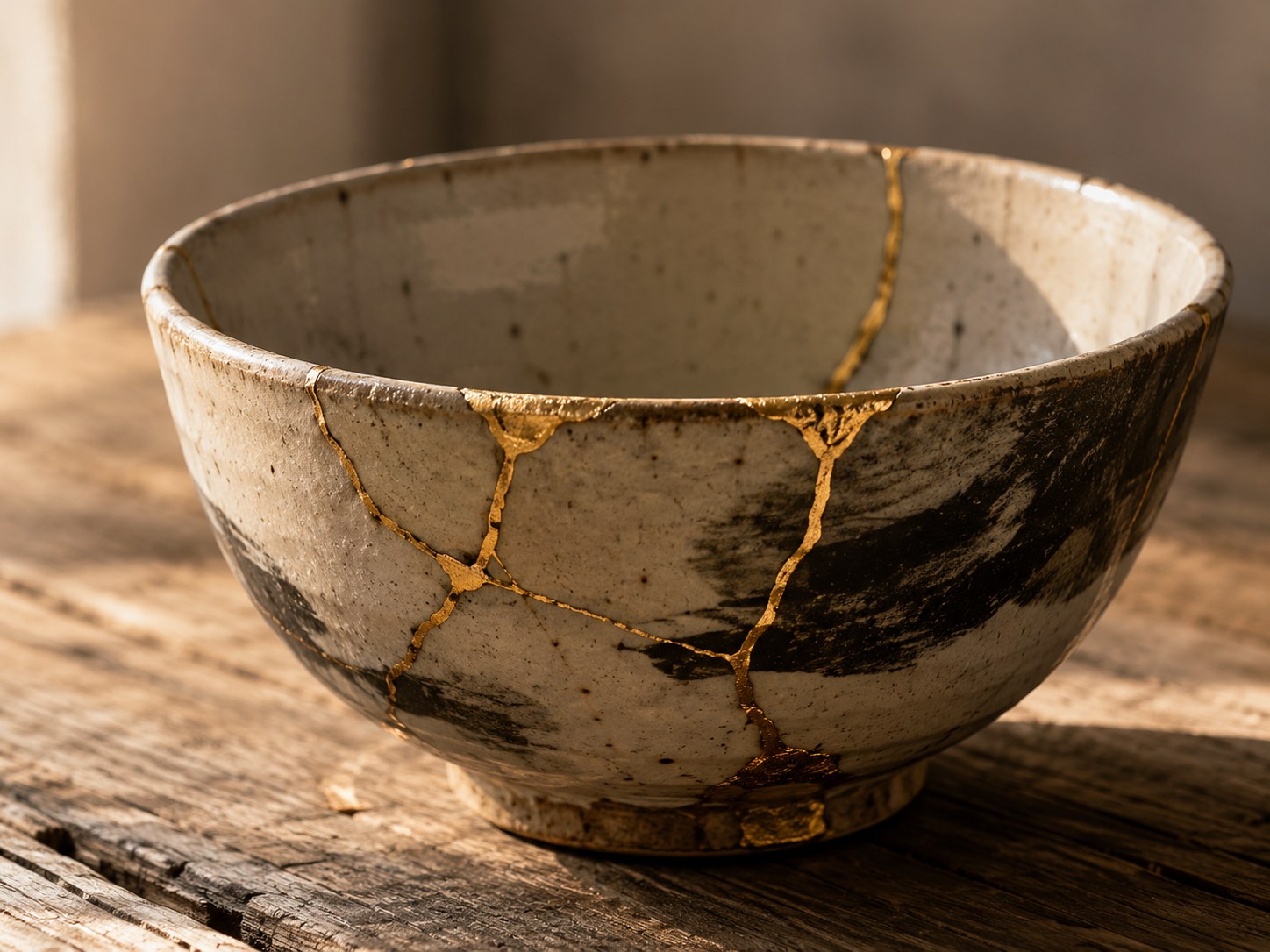 A close-up of a dark ceramic tea bowl repaired with kintsugi, fine veins of gold tracing the mended cracks across the glaze, resting on weathered wood in soft natural light.