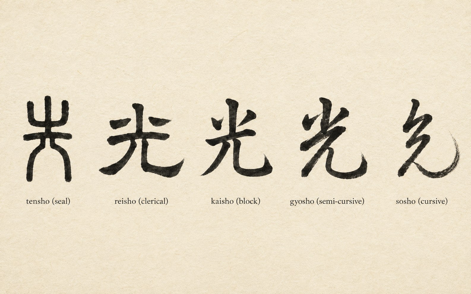 The kanji 光 ("light") written in five classical Japanese calligraphy styles: tensho, reisho, kaisho, gyōsho, and sōsho.