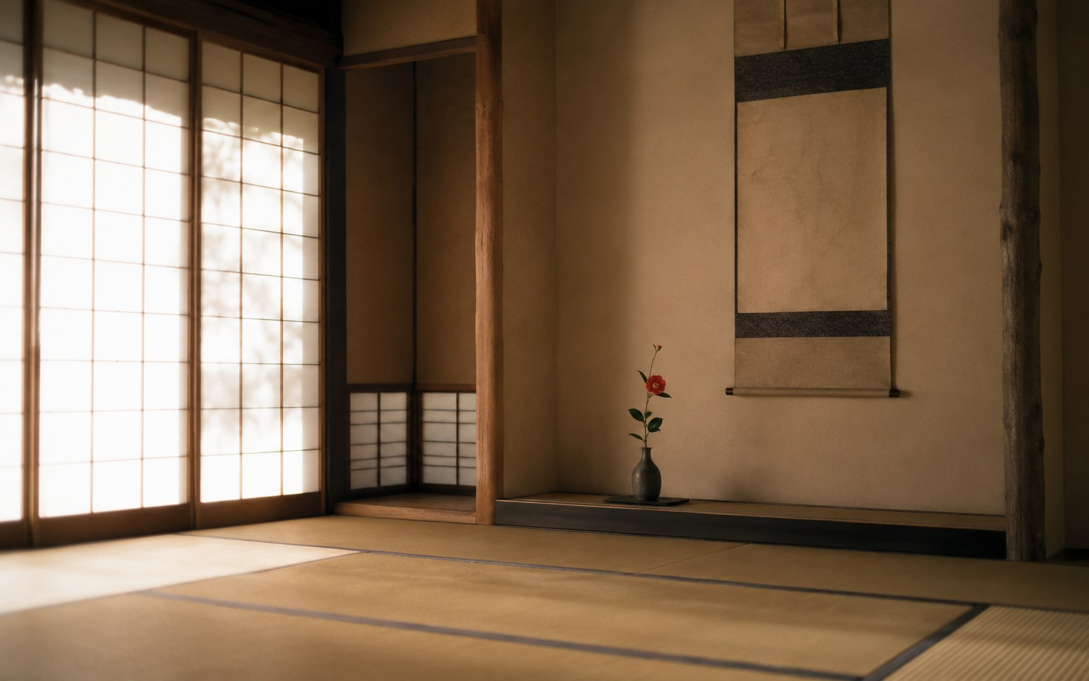 A sparse traditional Japanese room with a single tokonoma alcove holding one hanging scroll and one flower, wide areas of empty tatami and shoji-filtered light, the emptiness composed as carefully as the objects.