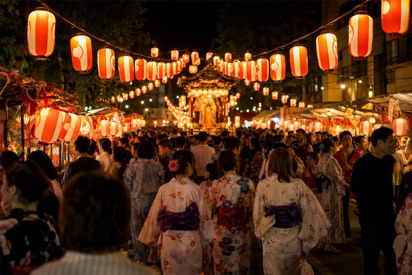 A Japanese summer matsuri at night: rows of glowing red-and-white paper lanterns over a crowded festival street, food stalls, people in yukata, and an illuminated float in the background.