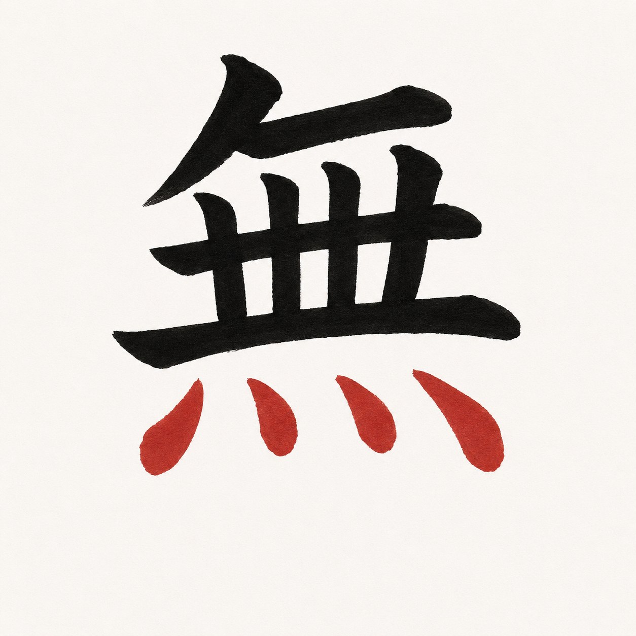 The kanji 無 shown as two color-coded parts: the upper "body" — a lattice of evenly spaced horizontal and vertical strokes — in black sumi ink, and the four 灬 dots at the base in vermillion, making the character's two zones clear.