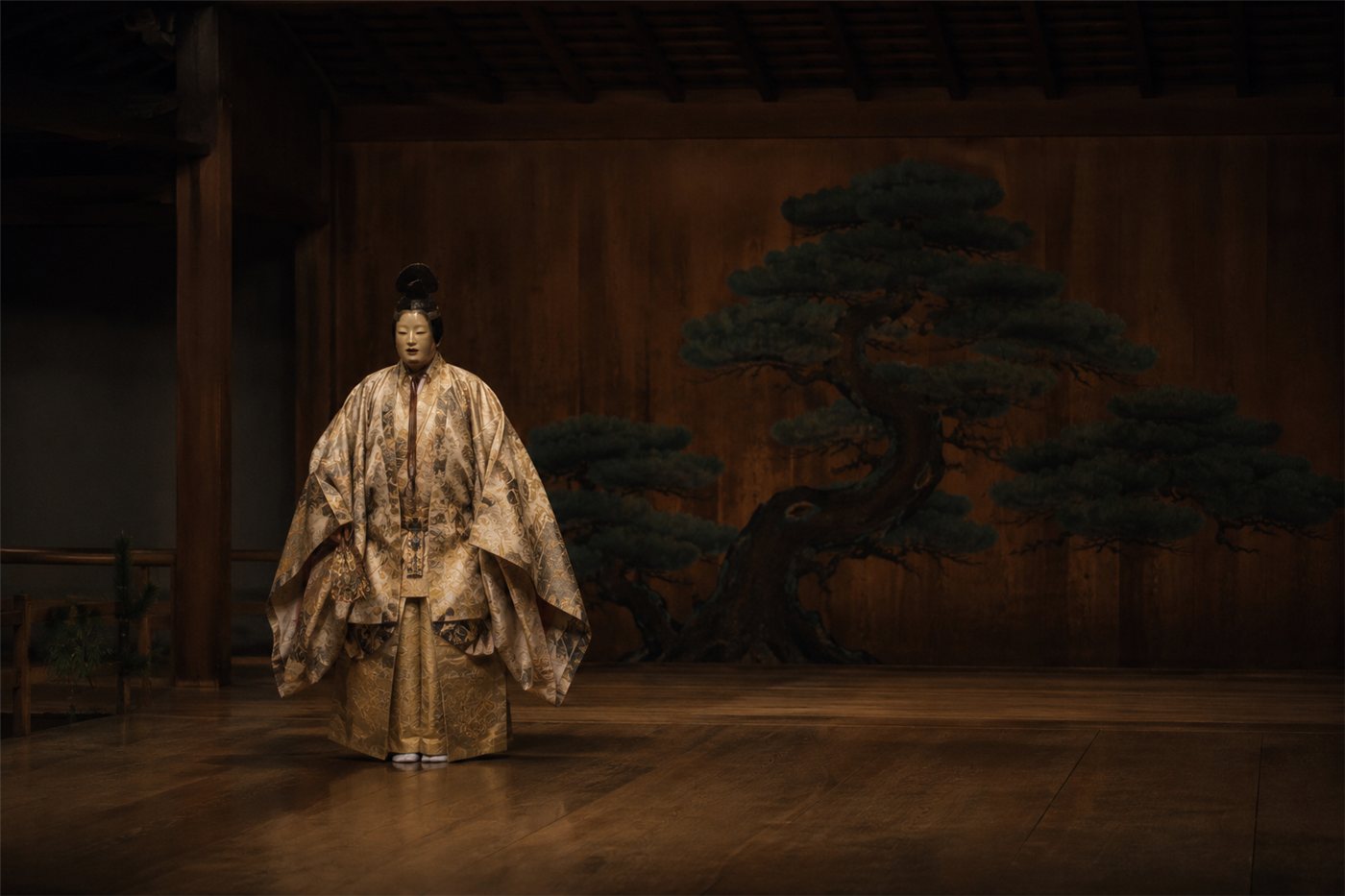 A Noh actor in a carved wooden mask and heavy embroidered silk robe, standing almost motionless on a bare cedar stage before the single painted pine, caught mid-gesture in dim light.