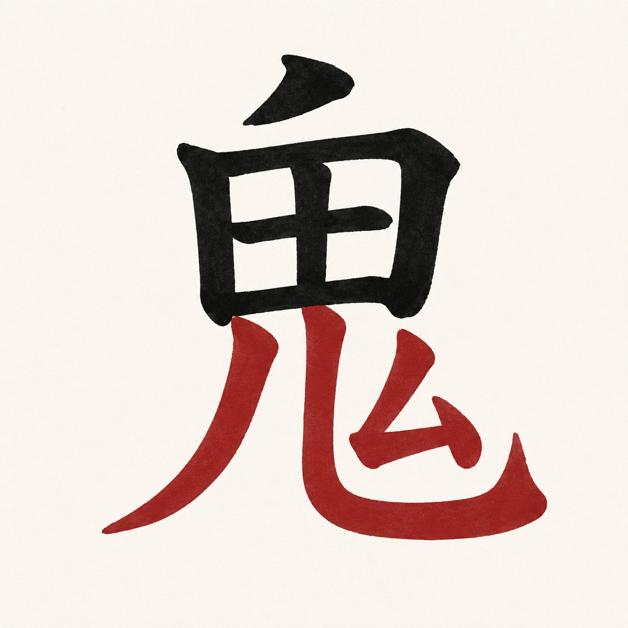 The kanji 鬼 shown as two color-coded parts: the upper "head" element (the top stroke and the boxed 田-like face) in black sumi ink, and the lower body — the 儿 legs and the small ム — in vermillion, clarifying the figure of a body crowned by a monstrous head.