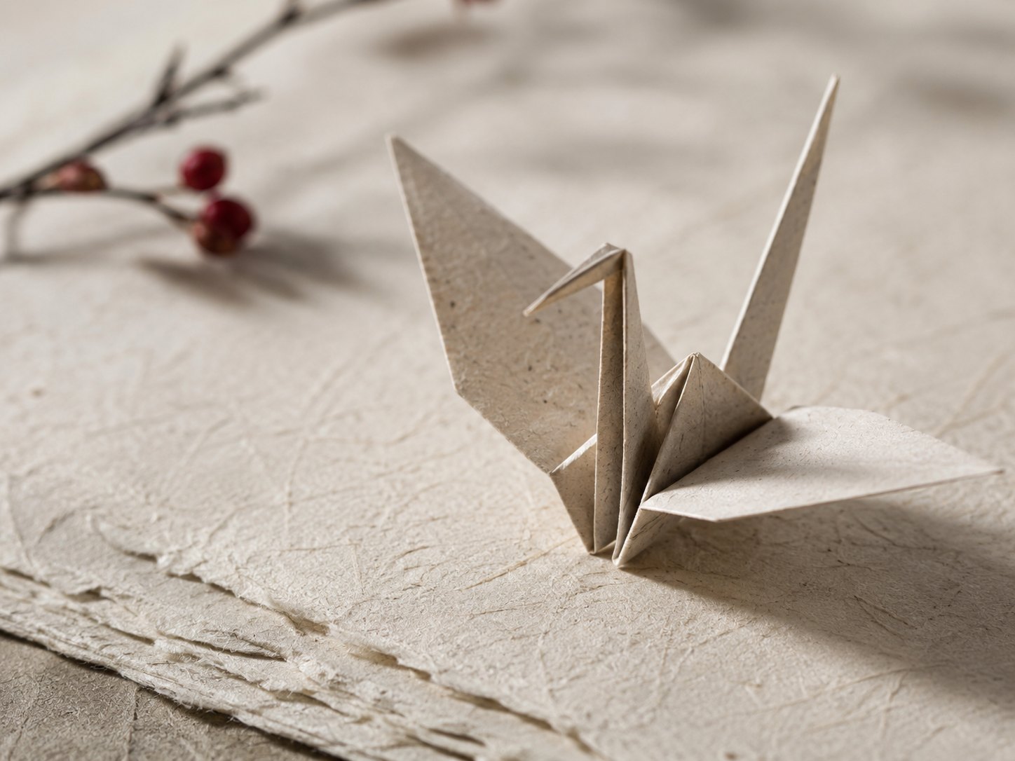 A single folded paper crane (orizuru) resting on a sheet of textured washi, soft natural light, with a few uncreased squares of paper beside it — the simplest and most iconic origami form.