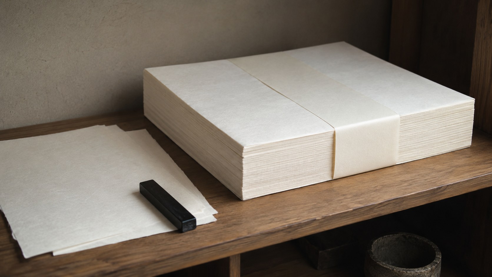 A large thick ream of plain Japanese hanshi practice paper stored flat on a wooden shelf, wrapped in a paper band, with a few loose sheets and a black bunchin weight beside it.