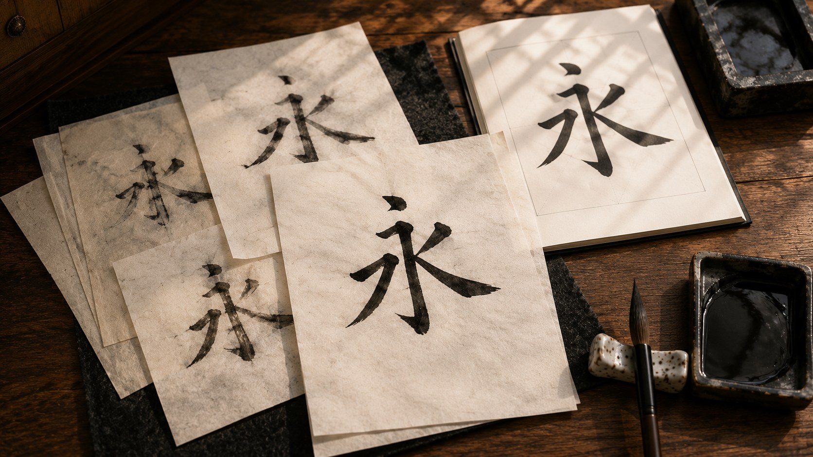 A practice desk with several sheets of hanshi paper, each bearing a hand-brushed attempt at the kanji 永 in black sumi ink, with a cleaner attempt on top and a printed kaisho model to one side for reference.