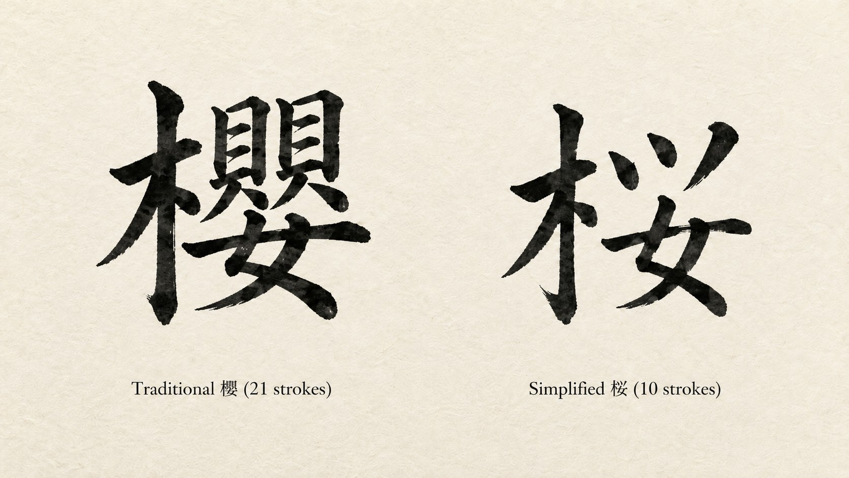 The traditional Chinese kanji 櫻 (21 strokes) shown side by side with the modern simplified Japanese form 桜 (10 strokes), both brushed in deep black sumi ink with labels beneath.